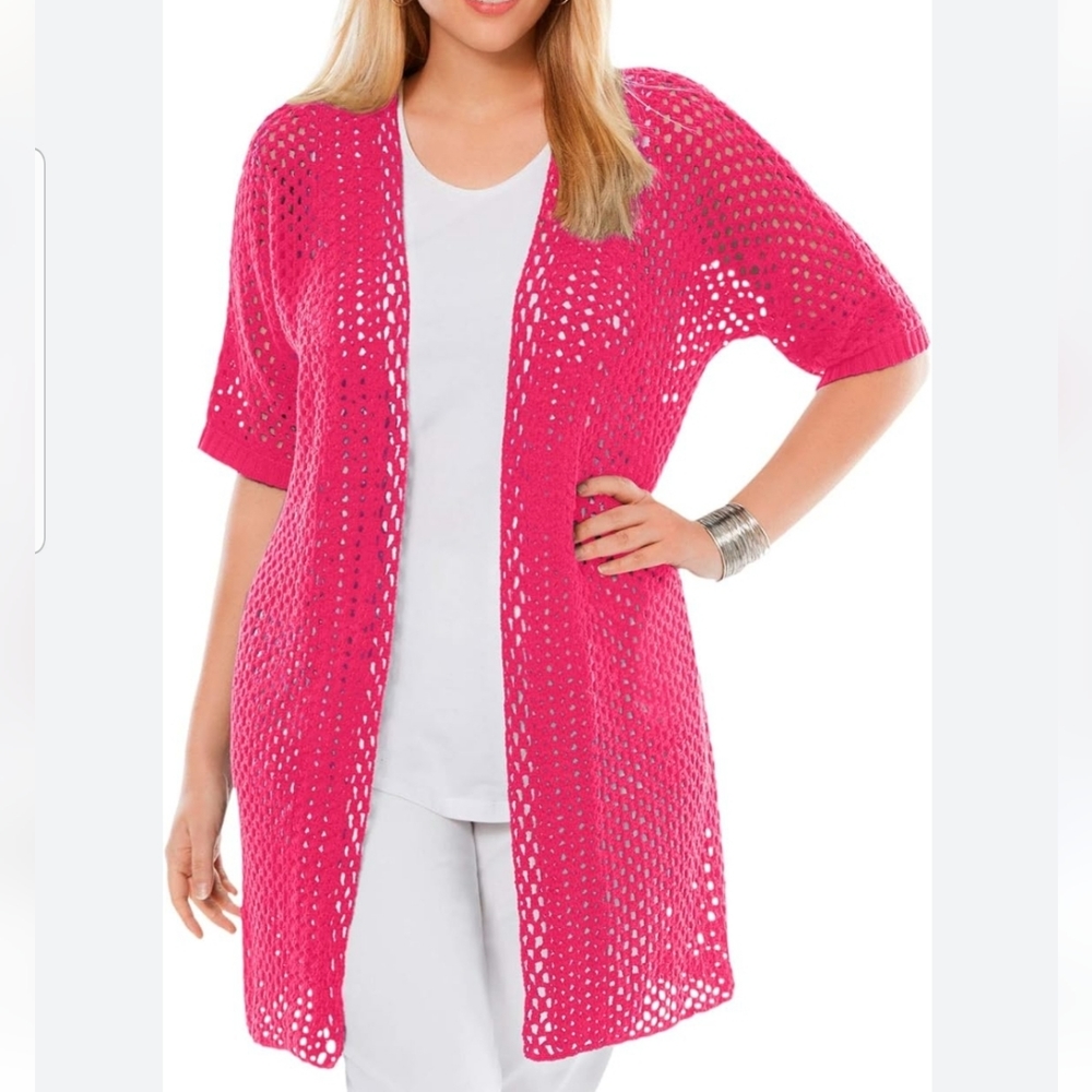 Open knit cardigan, perfect for layering, watermelon pink color - Picture 12 of 14